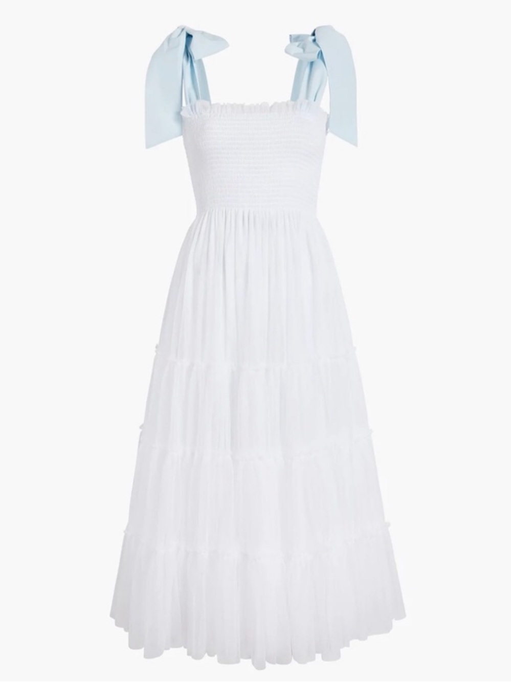 Smocked White Maxi Dress with Light Blue Tie Straps
